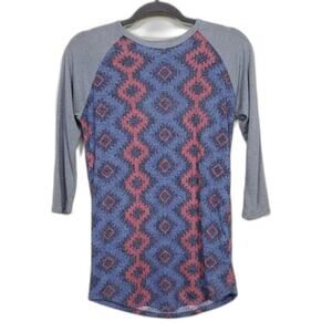 LulaRoe Aztec Print Top Womens Size XS Gray Blue Red Colorblock Scoop Neck Tee